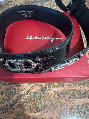 Salvatore Ferragamo Black Leather Belt with Silver Gancini Hardware